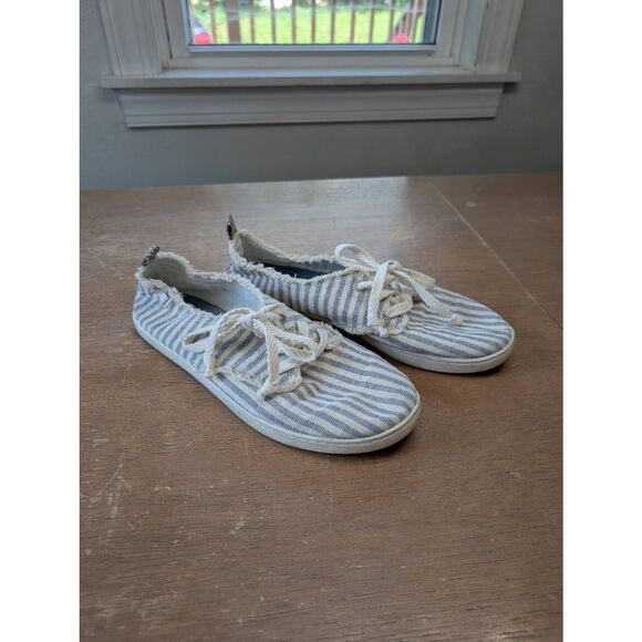 Sanuk Maisie Lace Up Sneakers women's 8.5 blue white striped fabric canvas‎ - Picture 1 of 7